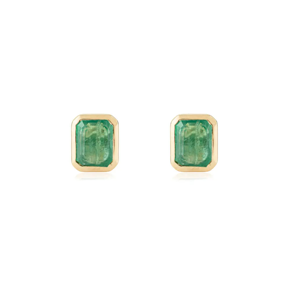 Bezel Set Zambian Emerald Single Stone Stud Earrings Handmade 14K Yellow Gold Jewelry
