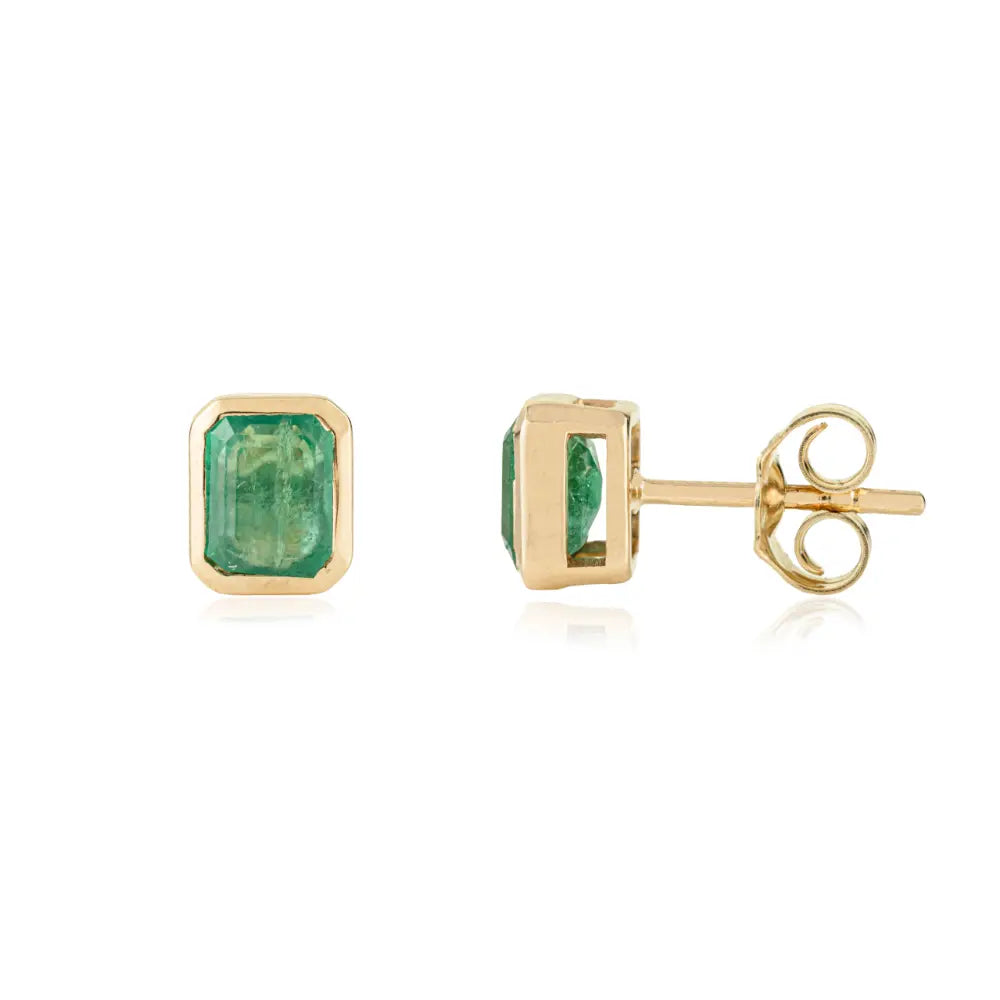 Bezel Set Zambian Emerald Single Stone Stud Earrings Handmade 14K Yellow Gold Jewelry