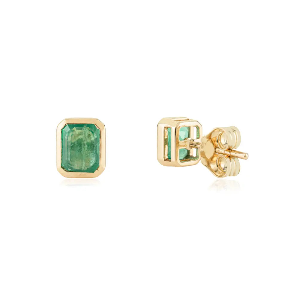 Bezel Set Zambian Emerald Single Stone Stud Earrings Handmade 14K Yellow Gold Jewelry