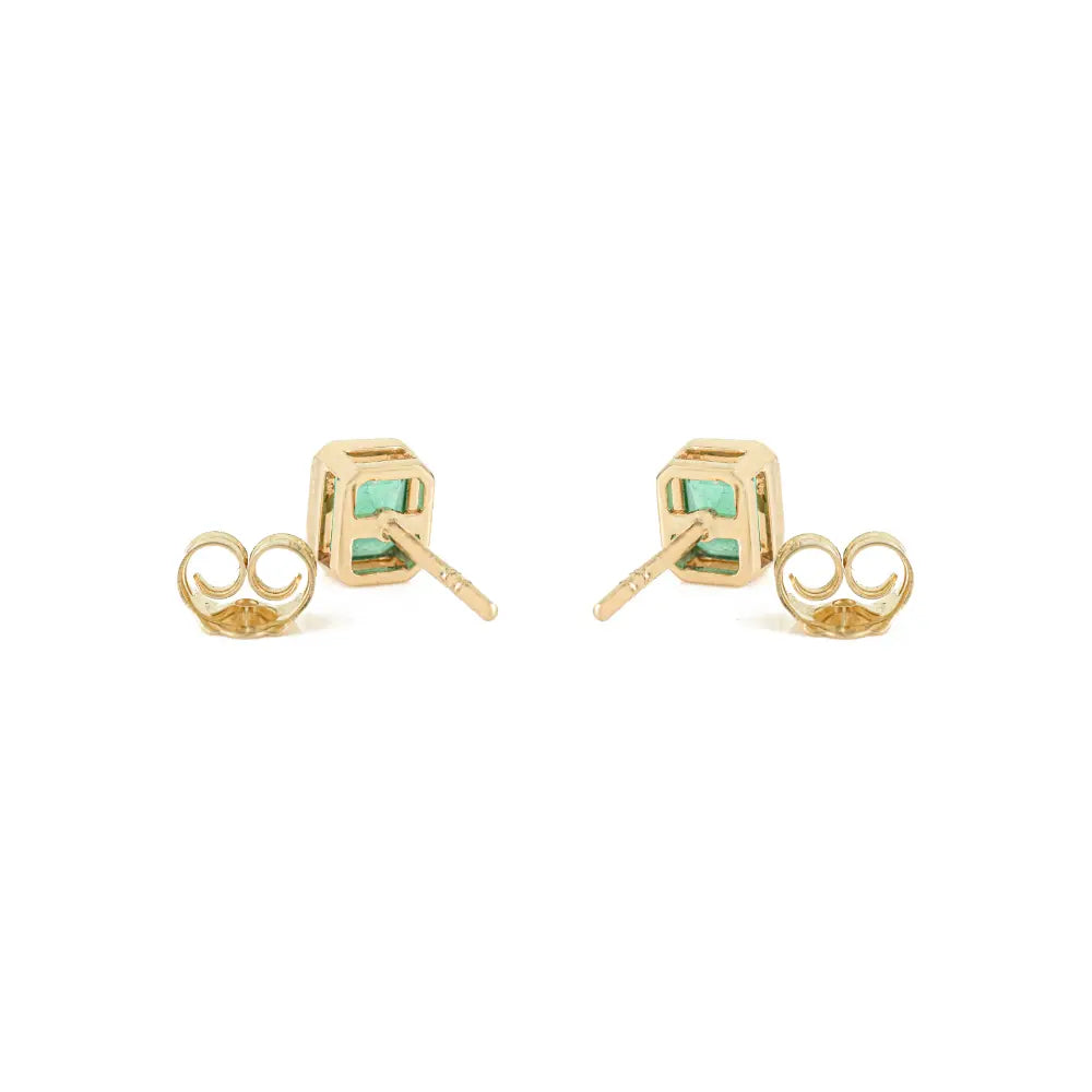 Bezel Set Zambian Emerald Single Stone Stud Earrings Handmade 14K Yellow Gold Jewelry