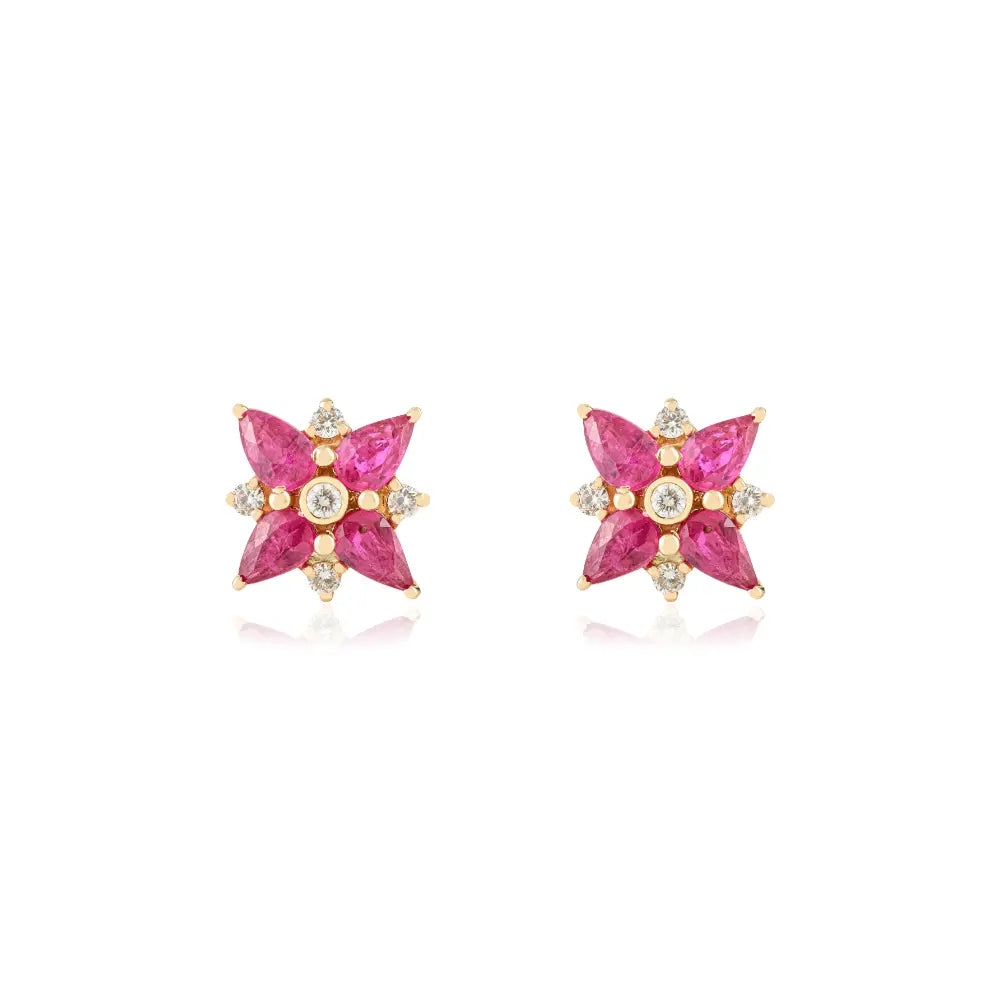 Pear Shape Ruby & Round Cut Diamond Floral Shape Statement Stud Earrings 14K Gold