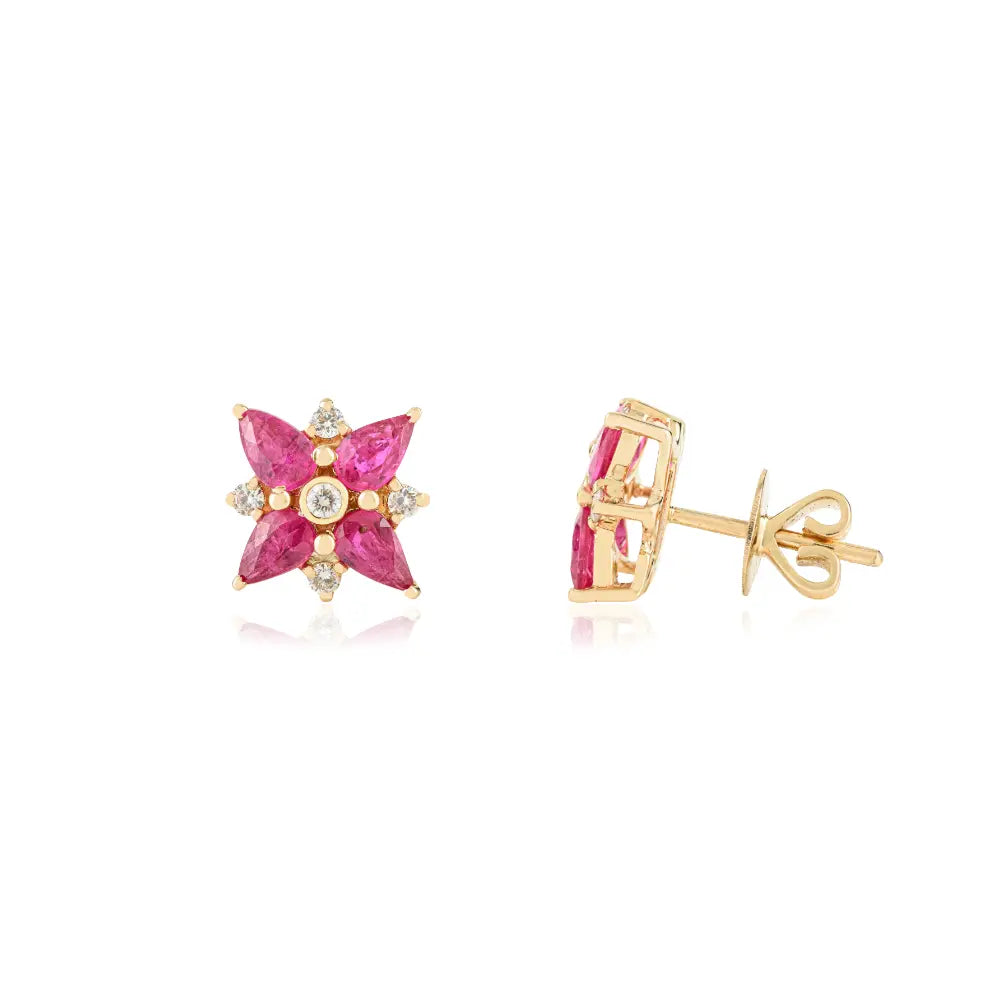 Pear Shape Ruby & Round Cut Diamond Floral Shape Statement Stud Earrings 14K Gold