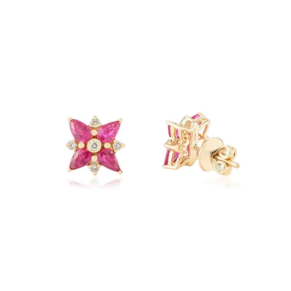 Pear Shape Ruby & Round Cut Diamond Floral Shape Statement Stud Earrings 14K Gold