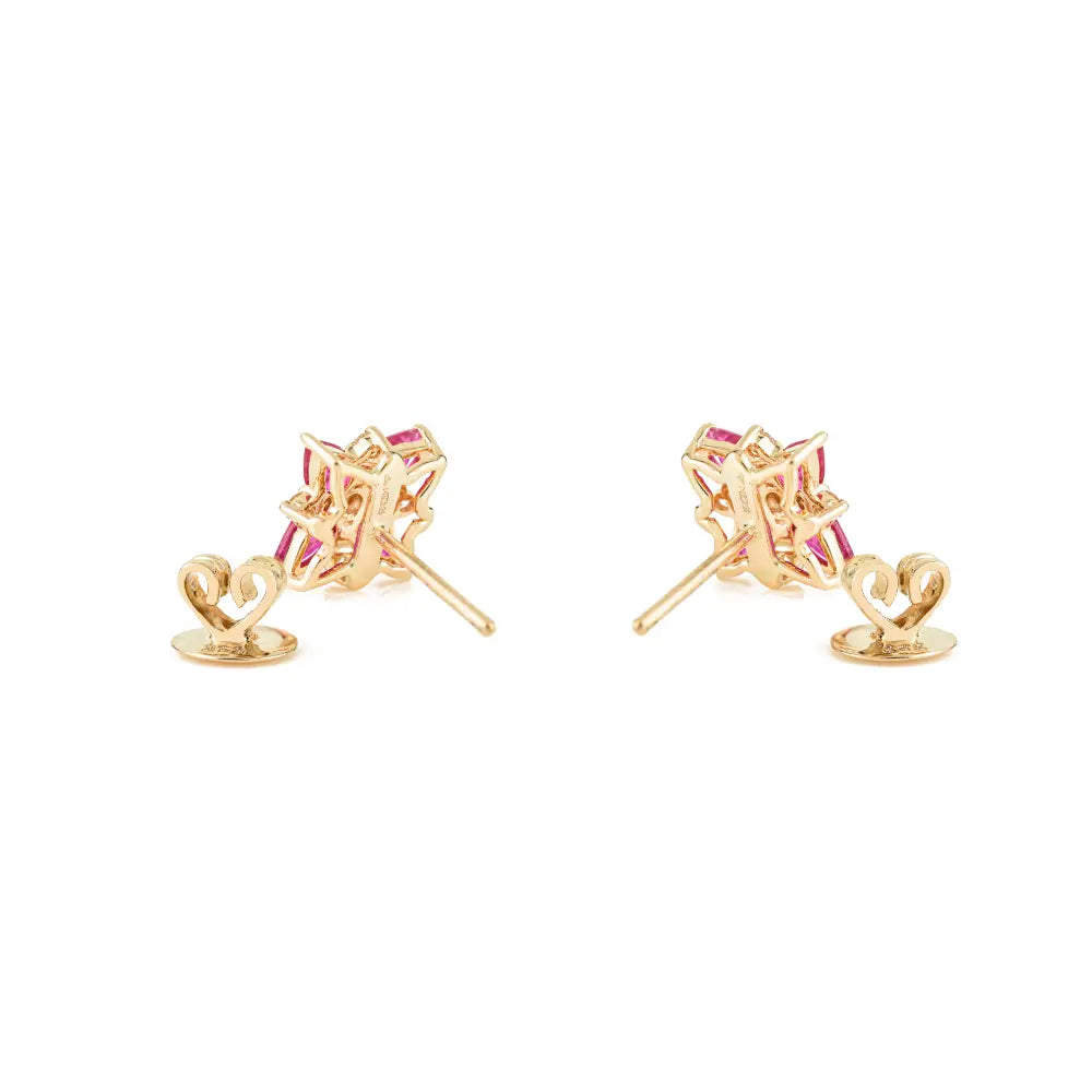 Pear Shape Ruby & Round Cut Diamond Floral Shape Statement Stud Earrings 14K Gold