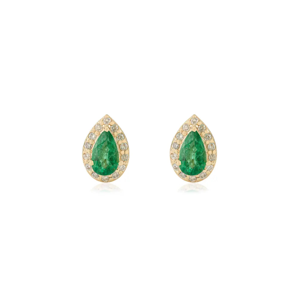 Dainty Daily Wear Emerald & Diamond Halo Stud Earrings Solid K14 Yellow Gold Gift For Her