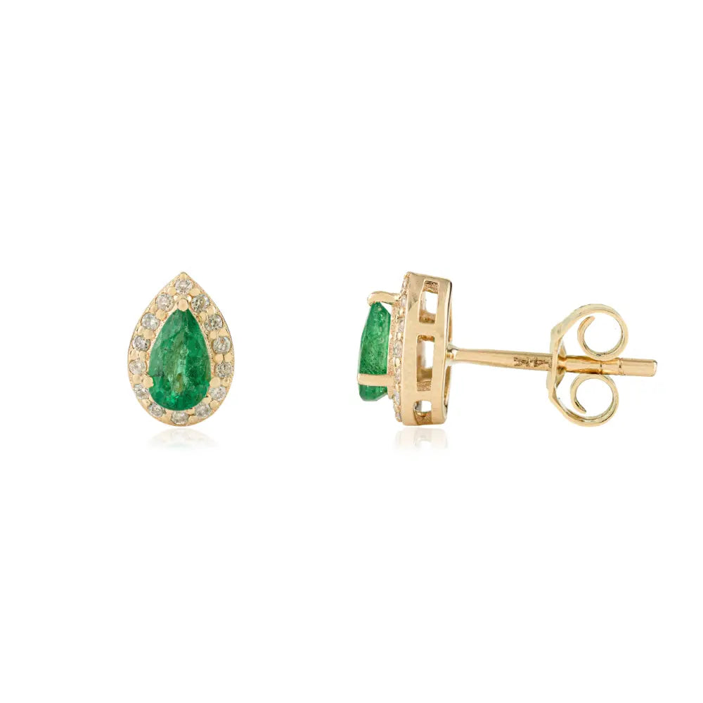 Dainty Daily Wear Emerald & Diamond Halo Stud Earrings Solid K14 Yellow Gold Gift For Her