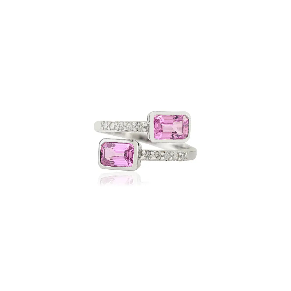 Bezel Setting Pink Sapphire & Diamond Bypass Ring Trending 14K Real White Gold Jewelry
