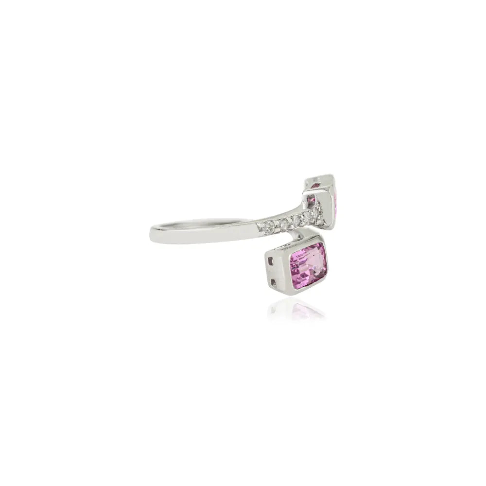 Bezel Setting Pink Sapphire & Diamond Bypass Ring Trending 14K Real White Gold Jewelry