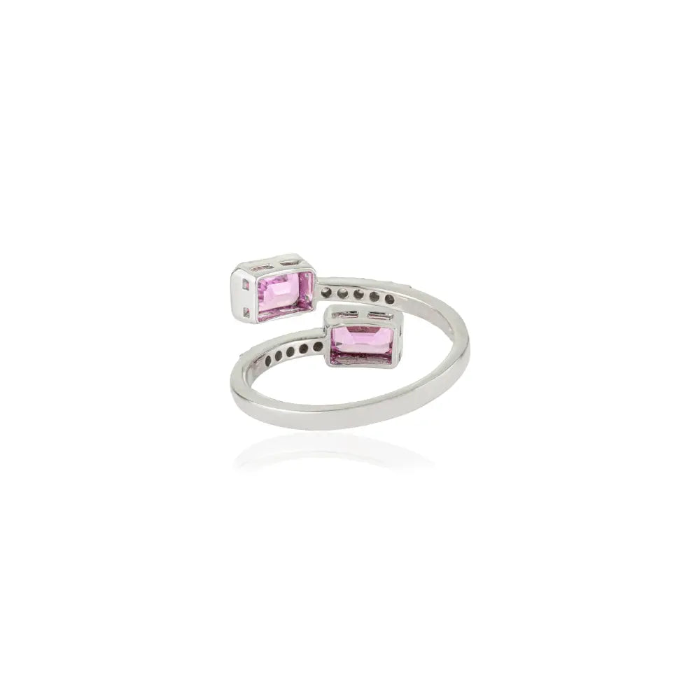 Bezel Setting Pink Sapphire & Diamond Bypass Ring Trending 14K Real White Gold Jewelry