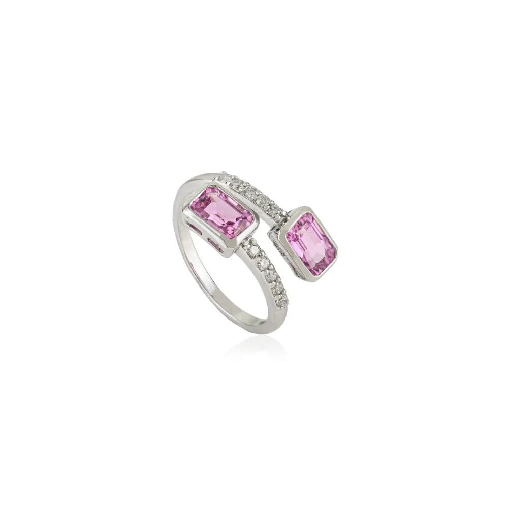 Bezel Setting Pink Sapphire & Diamond Bypass Ring Trending 14K Real White Gold Jewelry