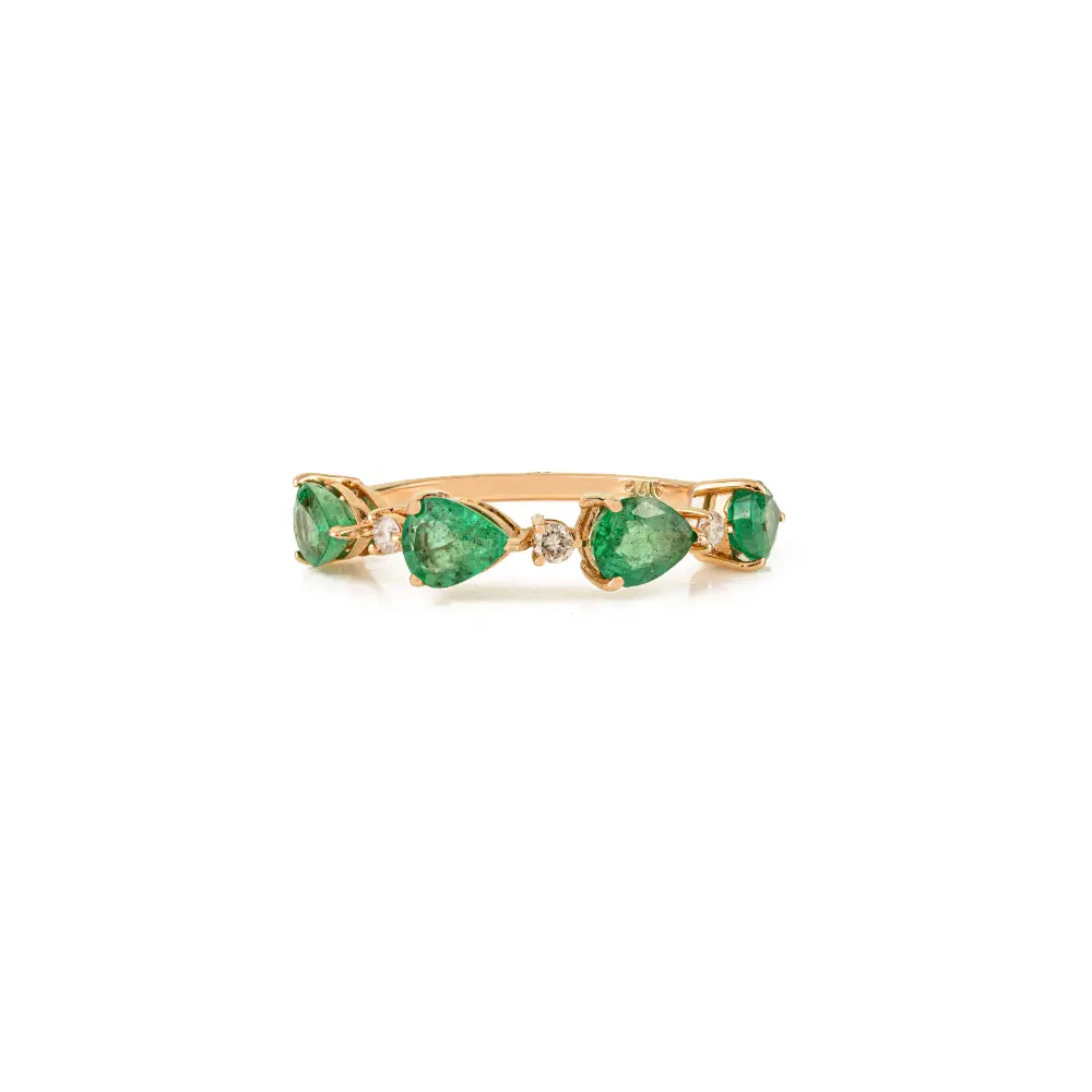 5x4 mm Pear Cut Emerald & Diamond Stackable Half Eternity Band Ring 14K Solid Yellow Gold