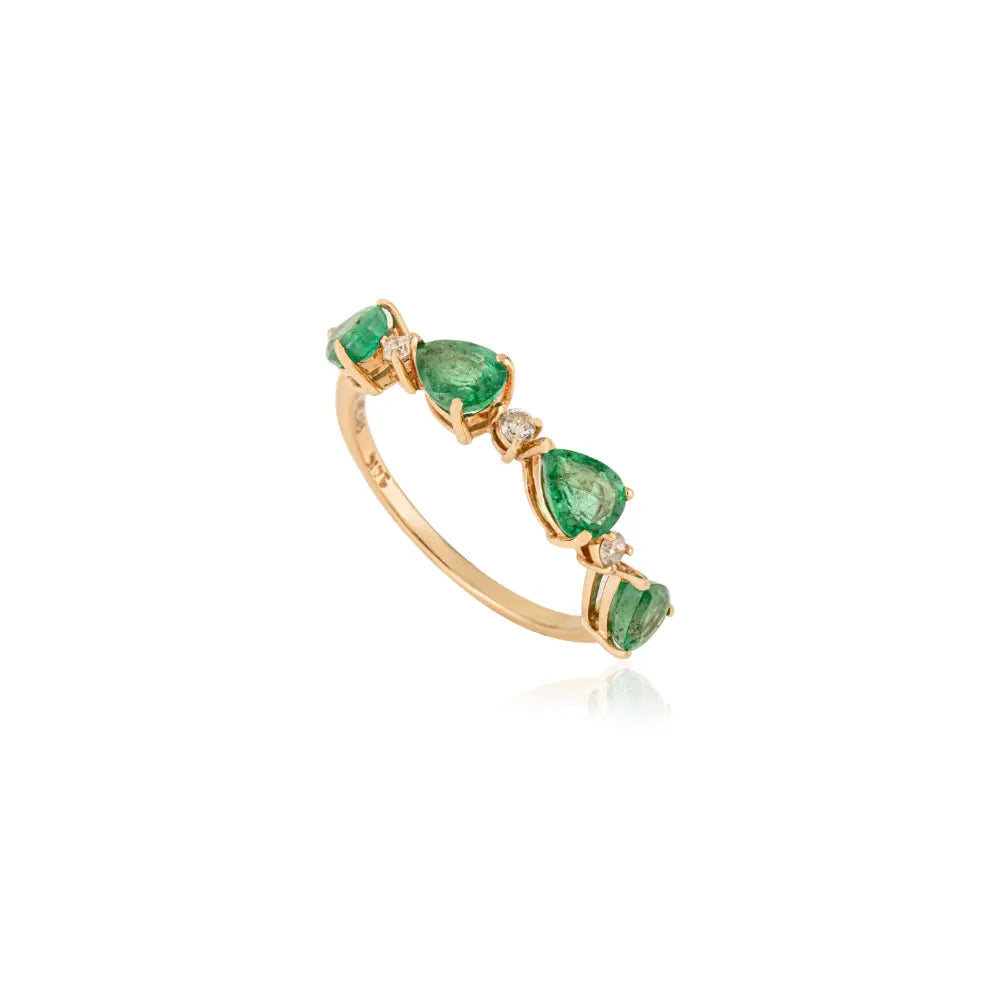 5x4 mm Pear Cut Emerald & Diamond Stackable Half Eternity Band Ring 14K Solid Yellow Gold