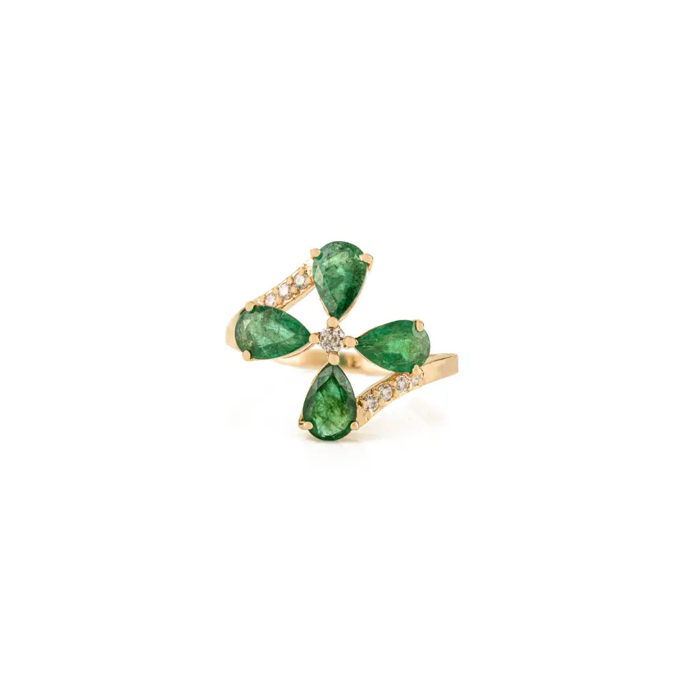 Unique Design Emerald & Diamond 14K Solid Yellow Gold Floral Statement Ring For Wedding