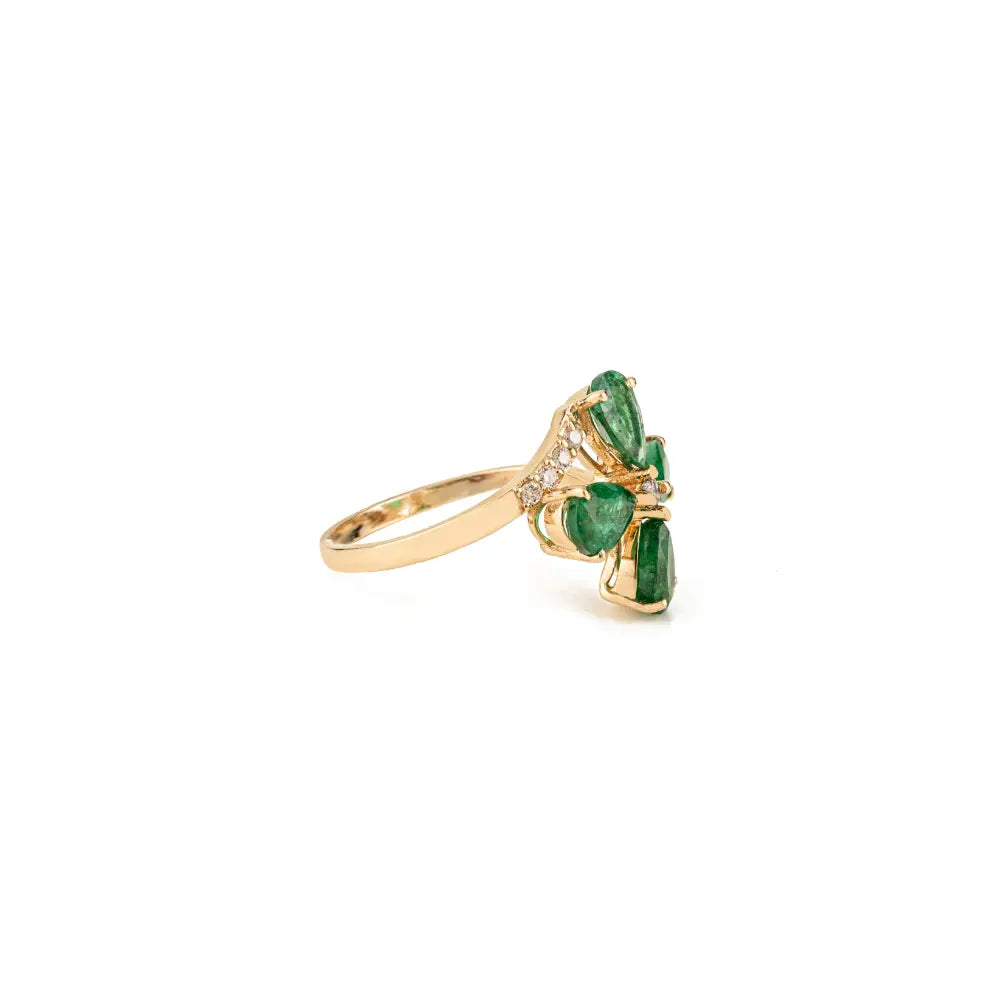 Unique Design Emerald & Diamond 14K Solid Yellow Gold Floral Statement Ring For Wedding