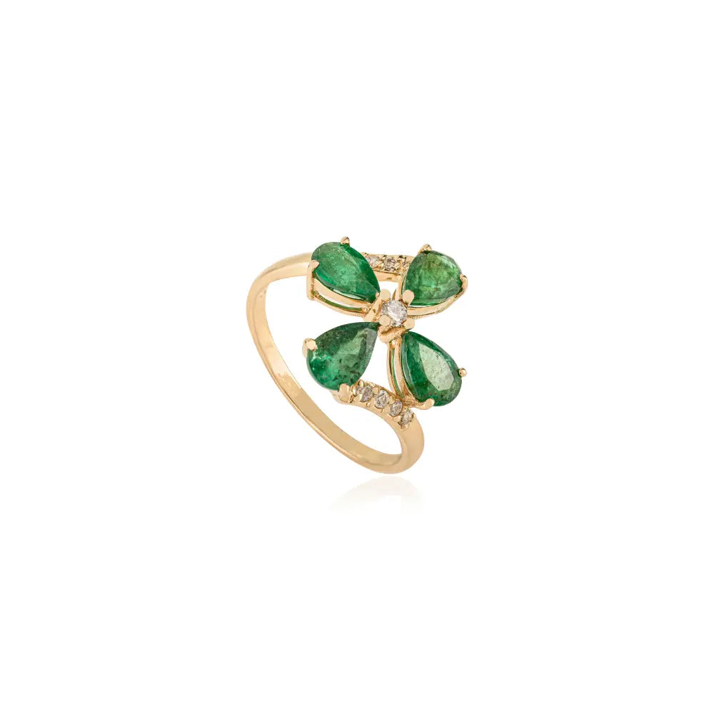 Unique Design Emerald & Diamond 14K Solid Yellow Gold Floral Statement Ring For Wedding
