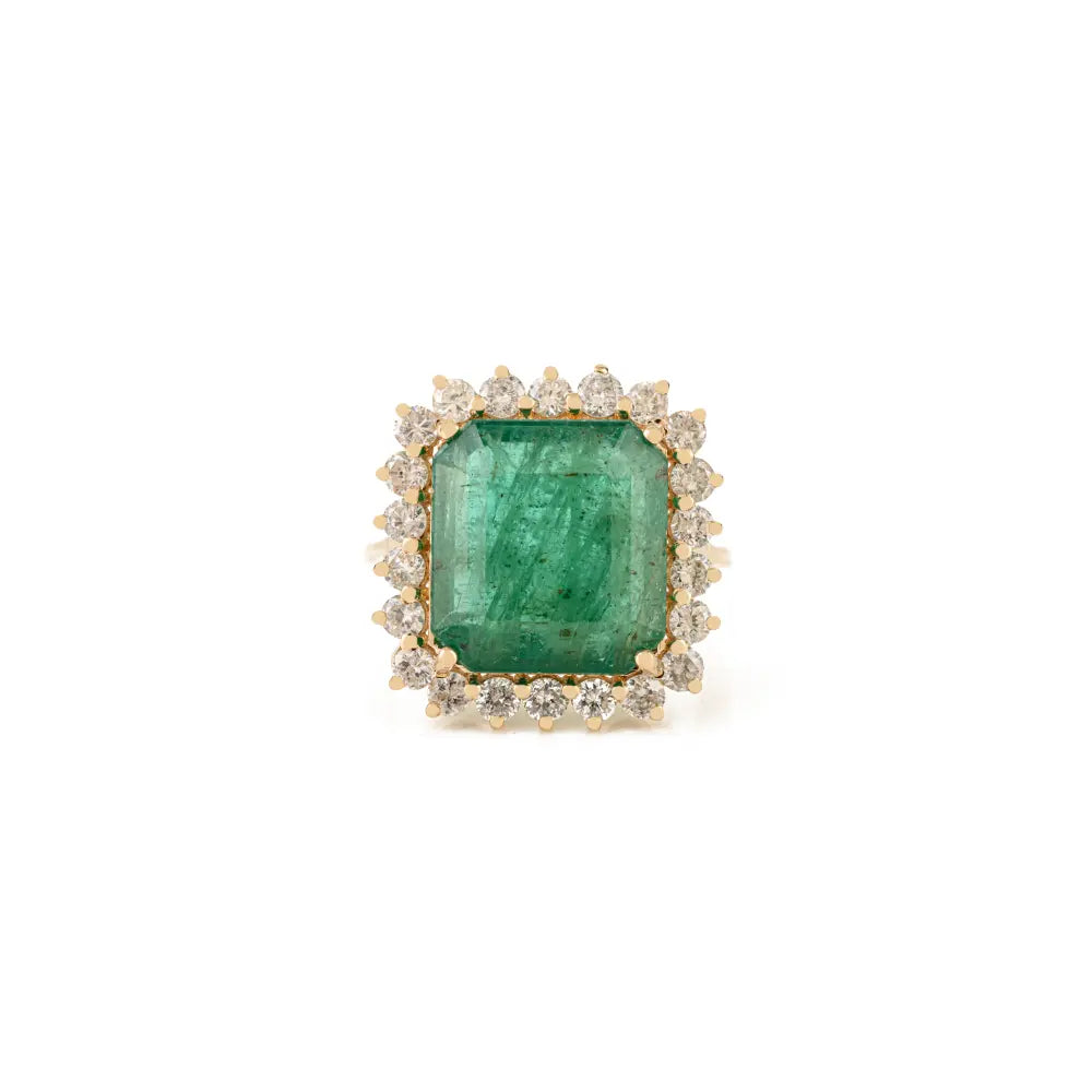 Precious Gemstone Emerald & Diamond K14 Yellow Gold Cluster Wedding Ring For Women