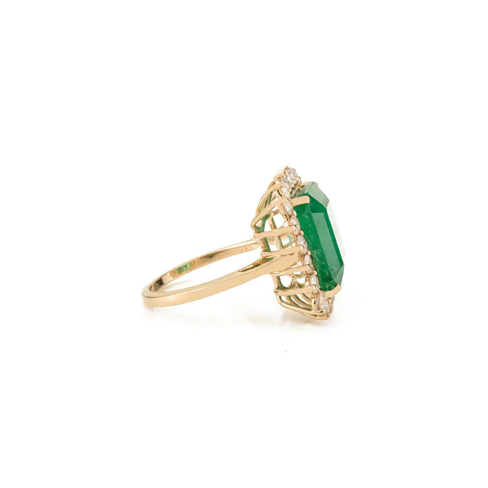 Precious Gemstone Emerald & Diamond K14 Yellow Gold Cluster Wedding Ring For Women