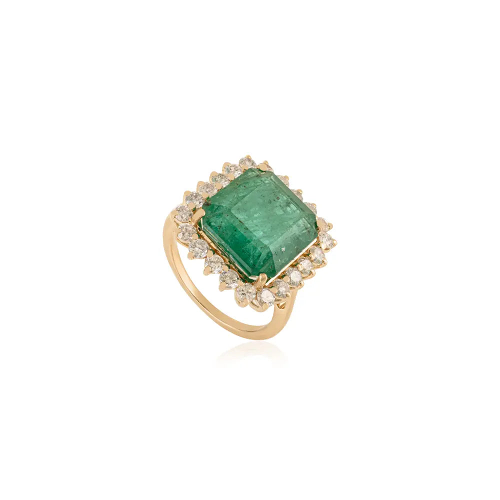 Precious Gemstone Emerald & Diamond K14 Yellow Gold Cluster Wedding Ring For Women