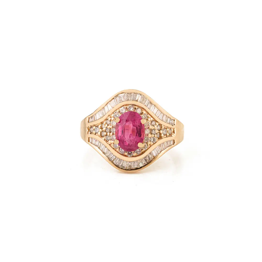 Prong Setting Ruby & Diamond 14K Solid Yellow Gold Vintage Gemstone Ring Wedding Jewelry