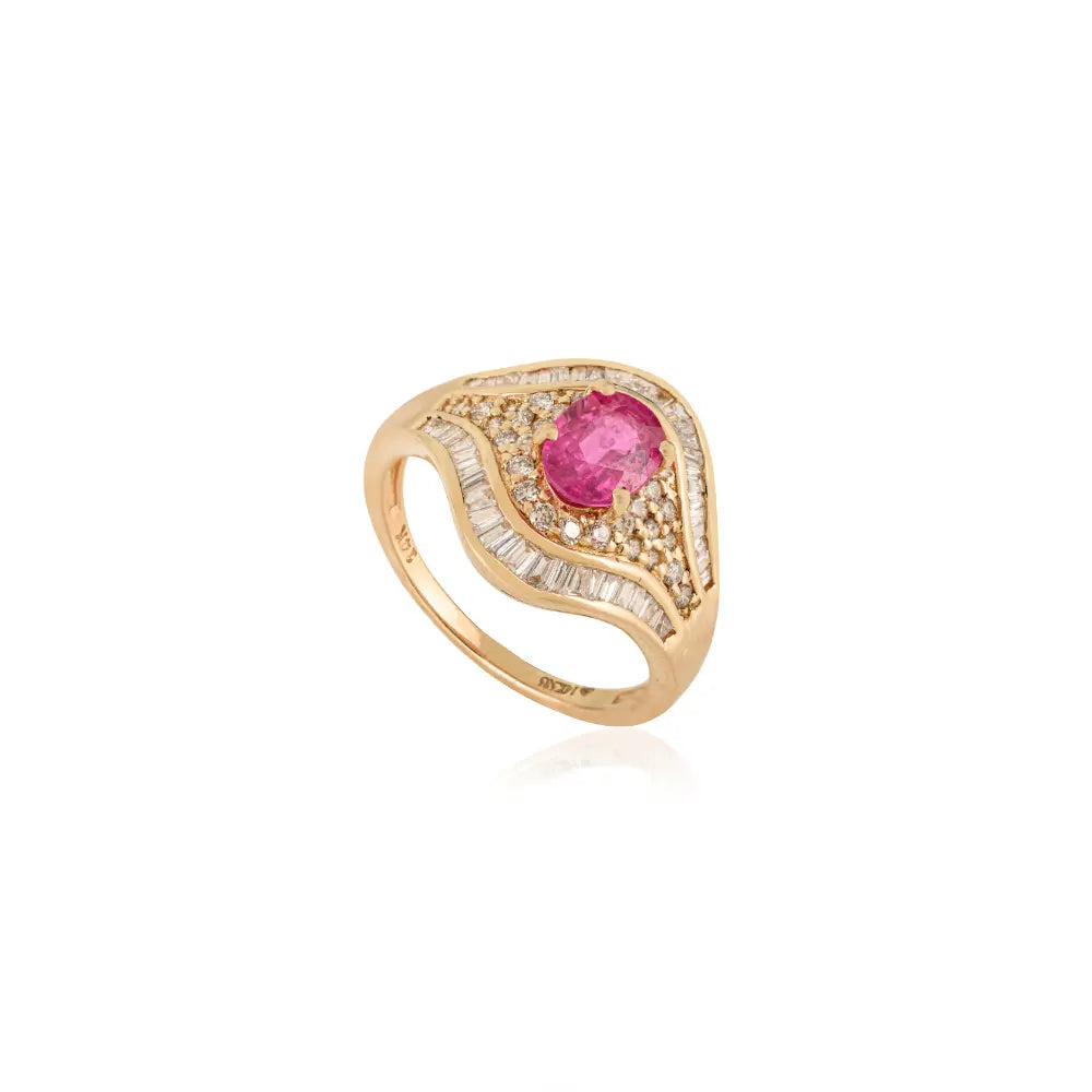 Prong Setting Ruby & Diamond 14K Solid Yellow Gold Vintage Gemstone Ring Wedding Jewelry