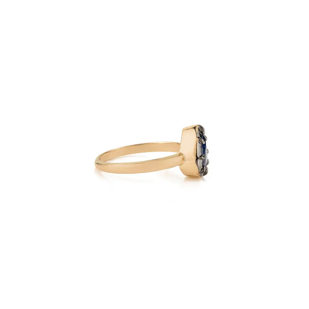 High Grade 18K Yellow Gold Blue Sapphire Black Rhodium Plated Single Stone Ring Unisex