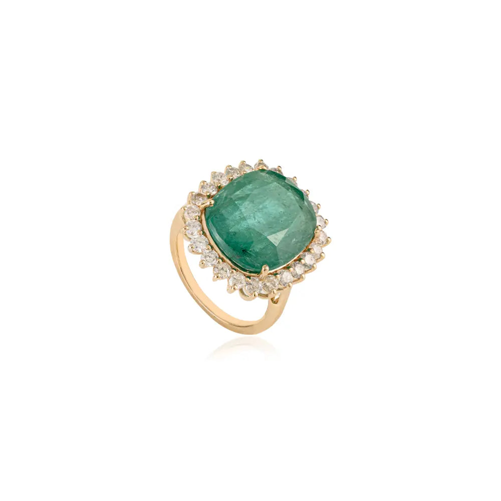 100% Natural Cushion Cut Emerald & Diamond K14 Yellow Gold Halo Cluster Ring Trending Jewelry