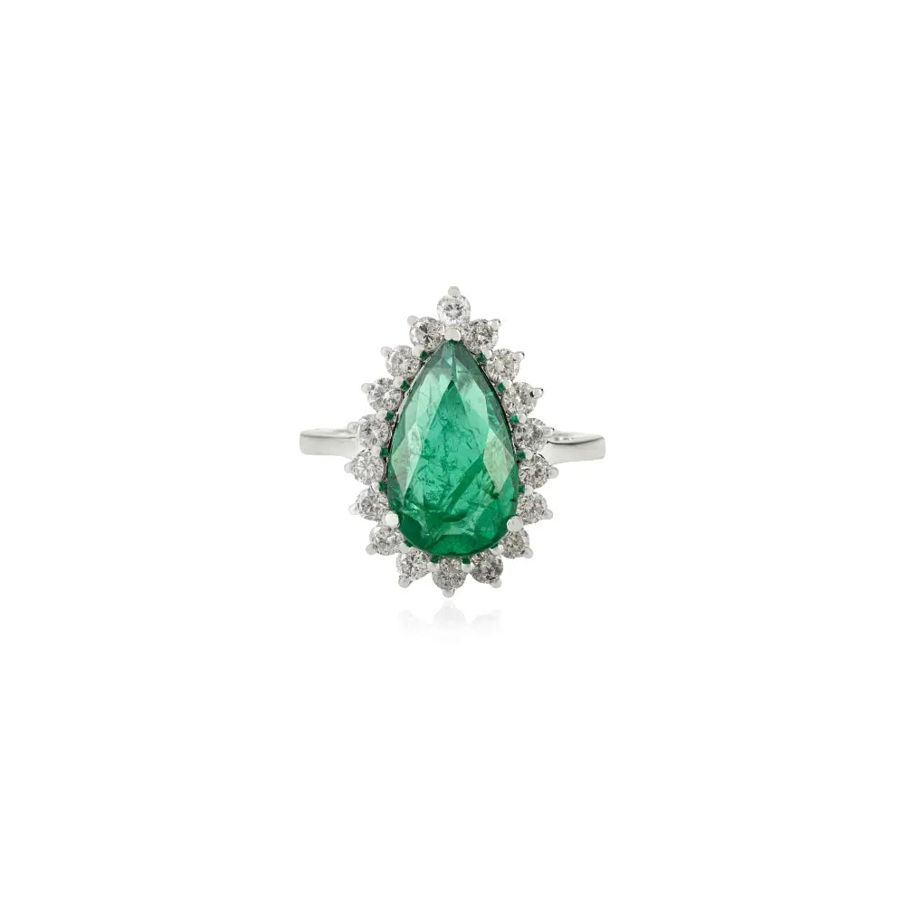14x8 mm Pear Cut Emerald & Diamond 14K Solid White Gold Cluster Statement Ring Wedding