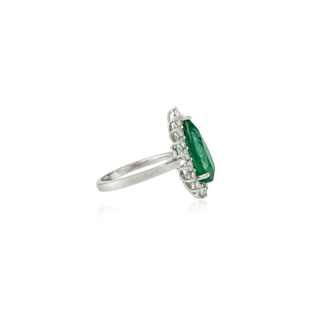 14x8 mm Pear Cut Emerald & Diamond 14K Solid White Gold Cluster Statement Ring Wedding