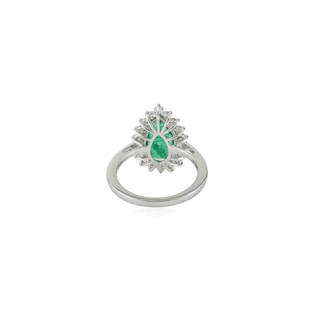 14x8 mm Pear Cut Emerald & Diamond 14K Solid White Gold Cluster Statement Ring Wedding