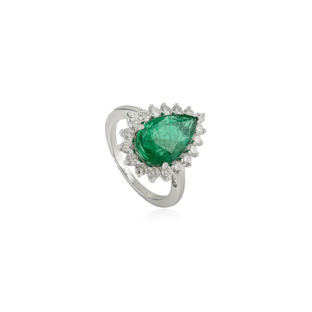 14x8 mm Pear Cut Emerald & Diamond 14K Solid White Gold Cluster Statement Ring Wedding