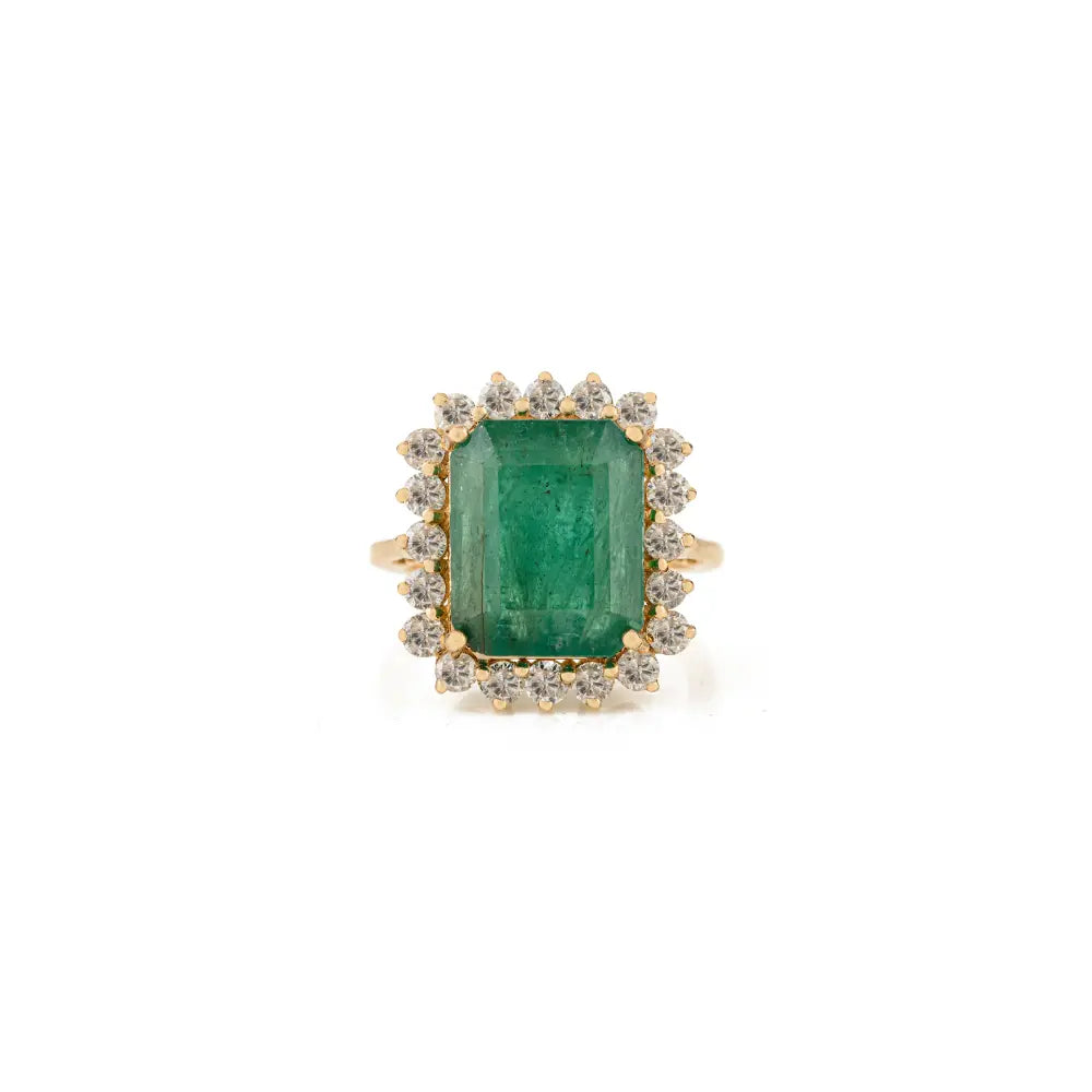 Bold Bridal Jewelry Real Emerald & Diamond 18K Solid Yellow Gold Cluster Wedding Ring