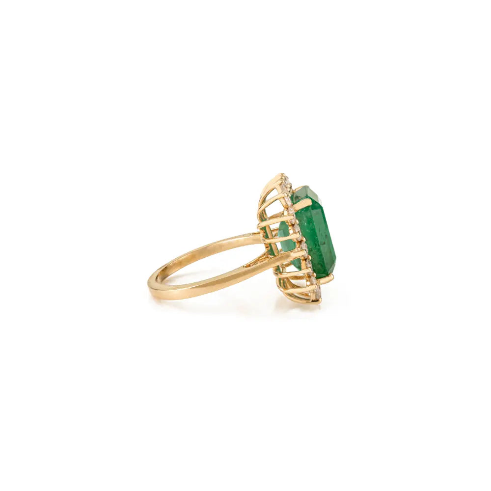 Bold Bridal Jewelry Real Emerald & Diamond 18K Solid Yellow Gold Cluster Wedding Ring