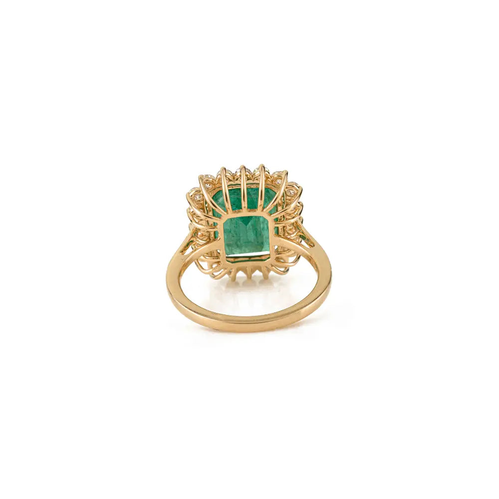 Bold Bridal Jewelry Real Emerald & Diamond 18K Solid Yellow Gold Cluster Wedding Ring