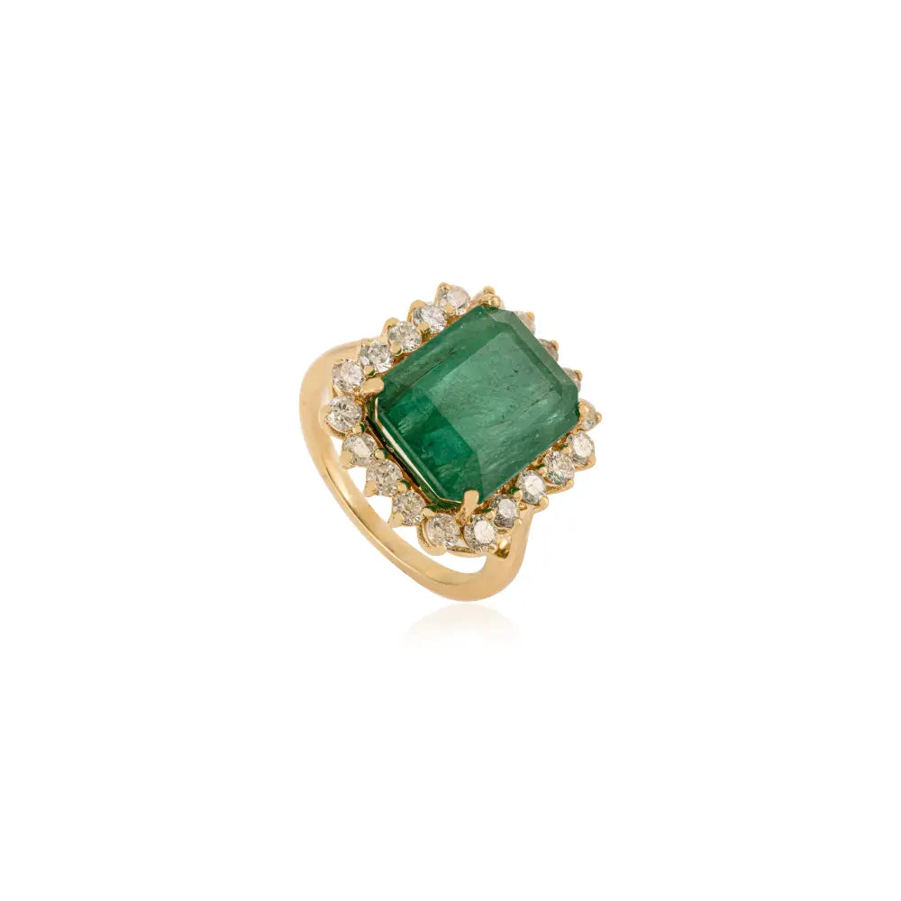 Bold Bridal Jewelry Real Emerald & Diamond 18K Solid Yellow Gold Cluster Wedding Ring
