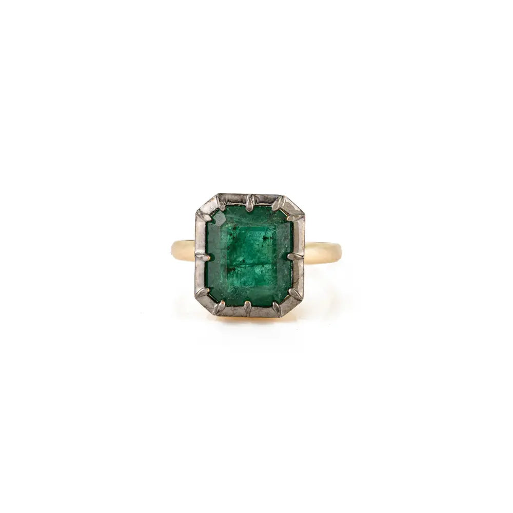 Pinion Bezel Set Emerald Gemstone Black Rhodium Plated Solitaire Gemstone Ring 18K Gold