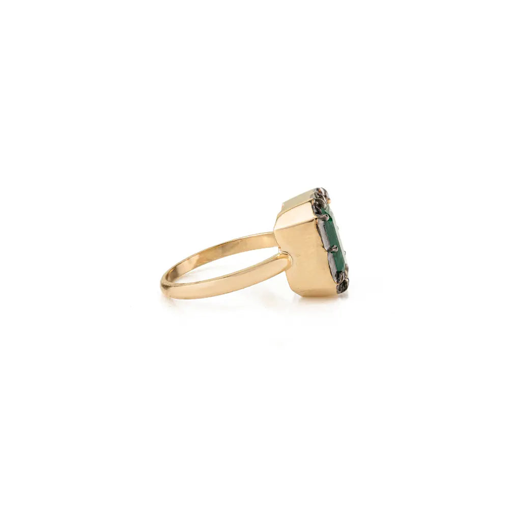 Pinion Bezel Set Emerald Gemstone Black Rhodium Plated Solitaire Gemstone Ring 18K Gold
