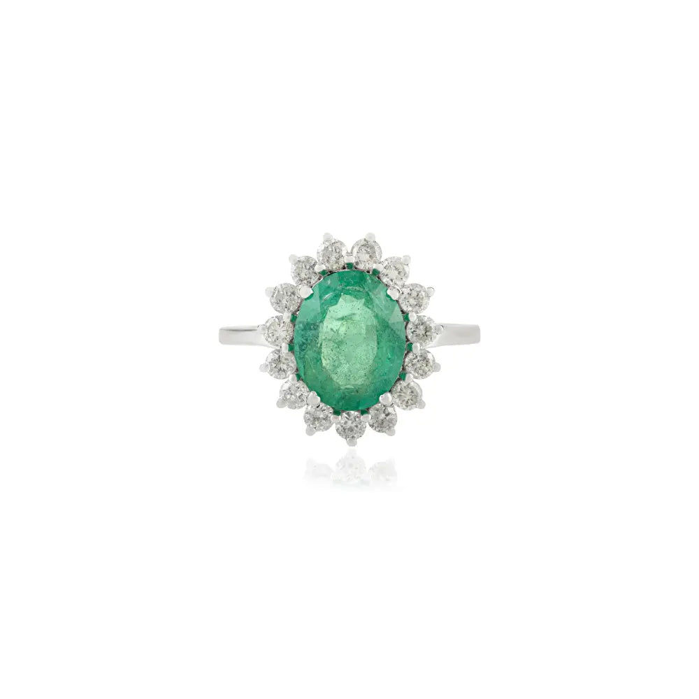 Prong Set Emerald & Diamond Cluster Ring 14K White Gold Engagement Jewelry May Birthstone