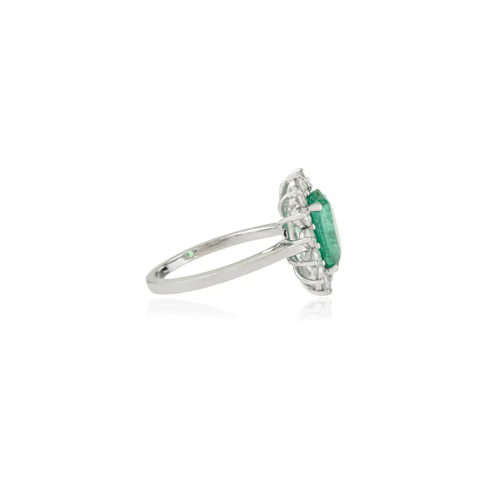 Prong Set Emerald & Diamond Cluster Ring 14K White Gold Engagement Jewelry May Birthstone