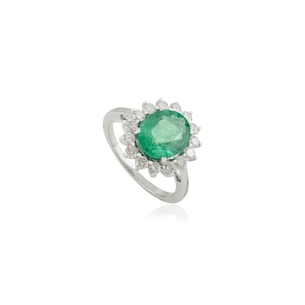Prong Set Emerald & Diamond Cluster Ring 14K White Gold Engagement Jewelry May Birthstone
