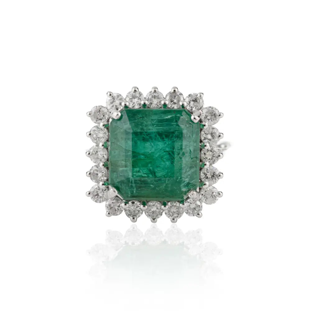 Asscher Cut Emerald & Diamond Fine Cluster Ring 14K Solid White Gold Statement Jewelry