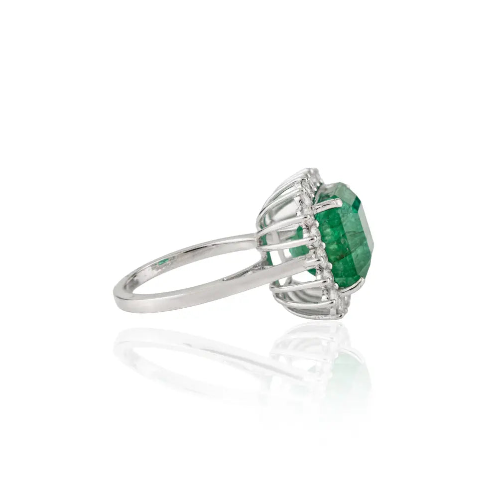 Asscher Cut Emerald & Diamond Fine Cluster Ring 14K Solid White Gold Statement Jewelry