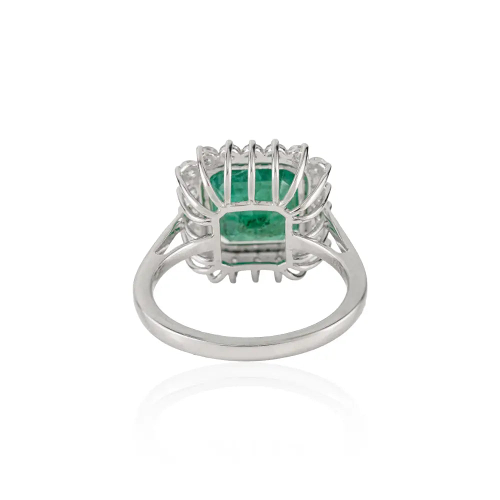 Asscher Cut Emerald & Diamond Fine Cluster Ring 14K Solid White Gold Statement Jewelry