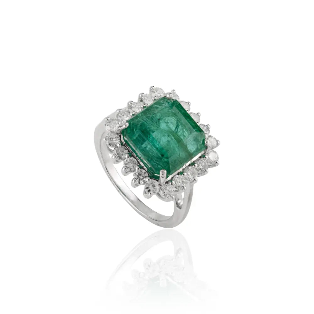 Asscher Cut Emerald & Diamond Fine Cluster Ring 14K Solid White Gold Statement Jewelry