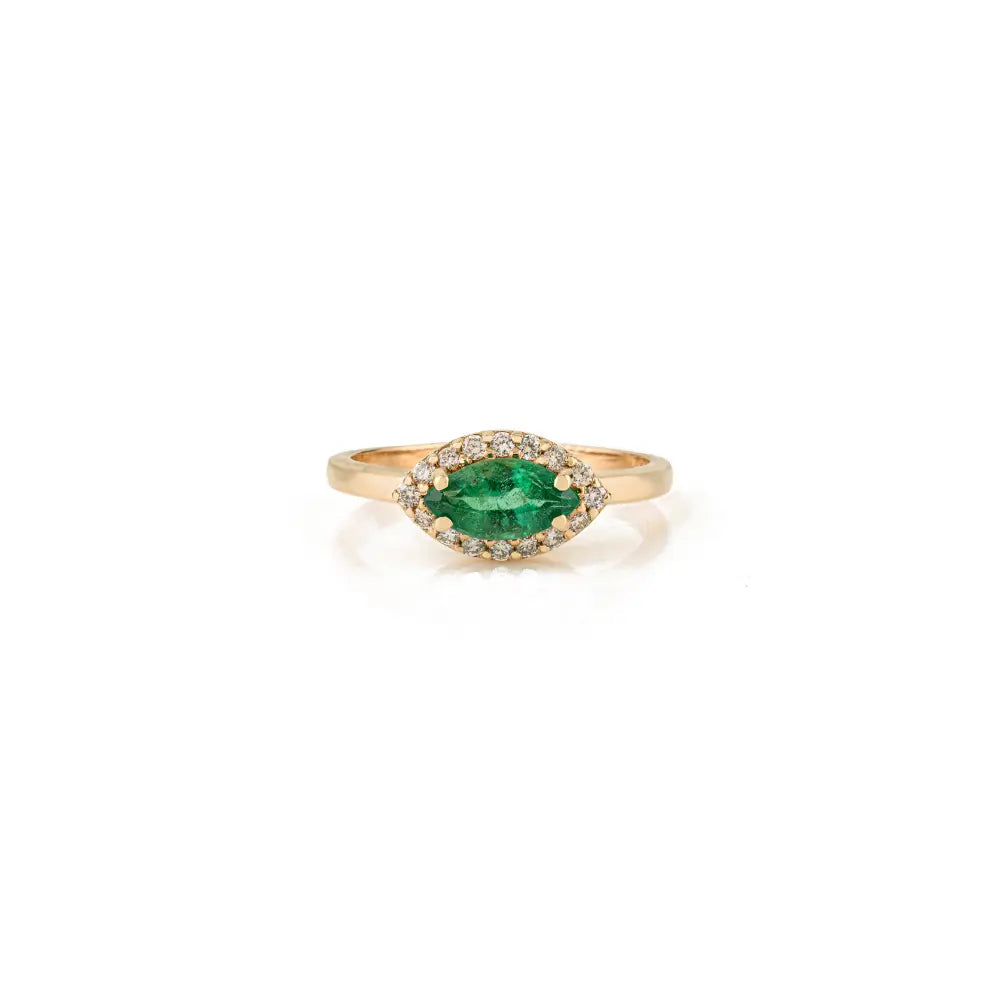 Marquise Shape Emerald & Round Cut Diamond Solitaire Halo Ring Solid K14 Yellow Gold