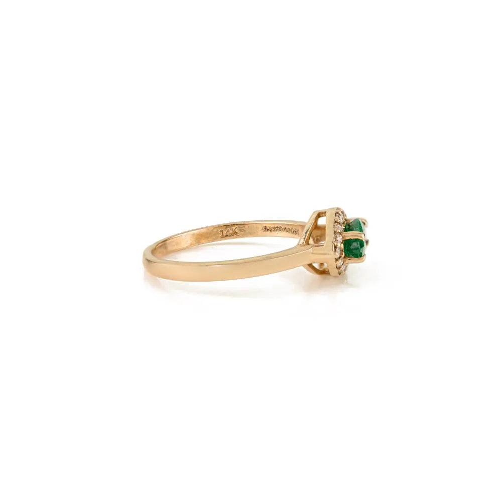 Marquise Shape Emerald & Round Cut Diamond Solitaire Halo Ring Solid K14 Yellow Gold