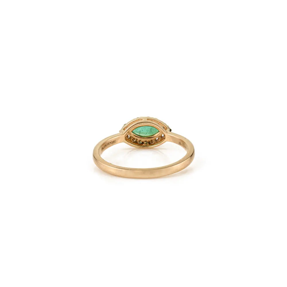 Marquise Shape Emerald & Round Cut Diamond Solitaire Halo Ring Solid K14 Yellow Gold