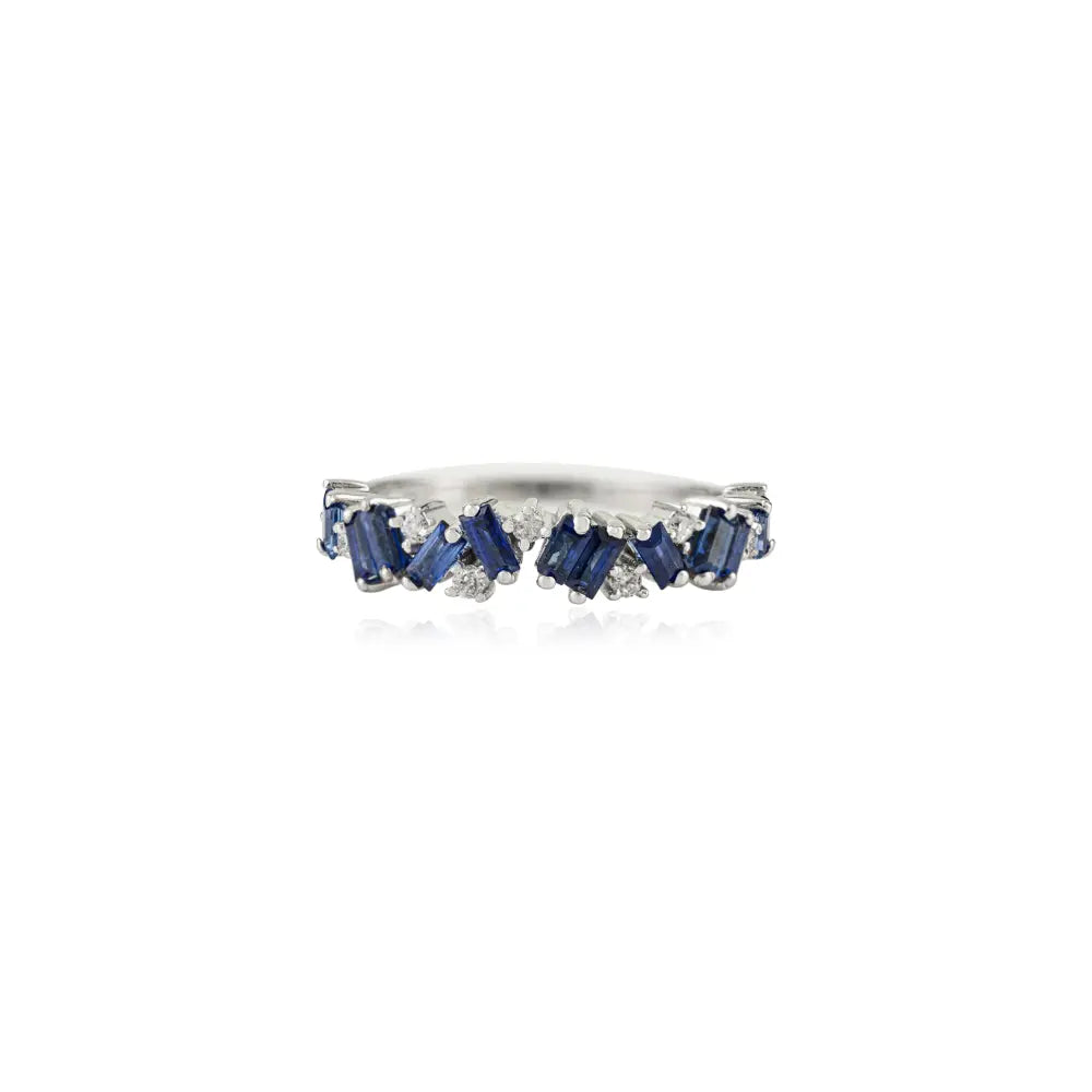 Unique Design Blue Sapphire & Diamond Zig Zag Half Band Ring Stacking 14K Solid Gold Jewelry