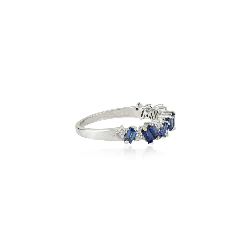 Unique Design Blue Sapphire & Diamond Zig Zag Half Band Ring Stacking 14K Solid Gold Jewelry