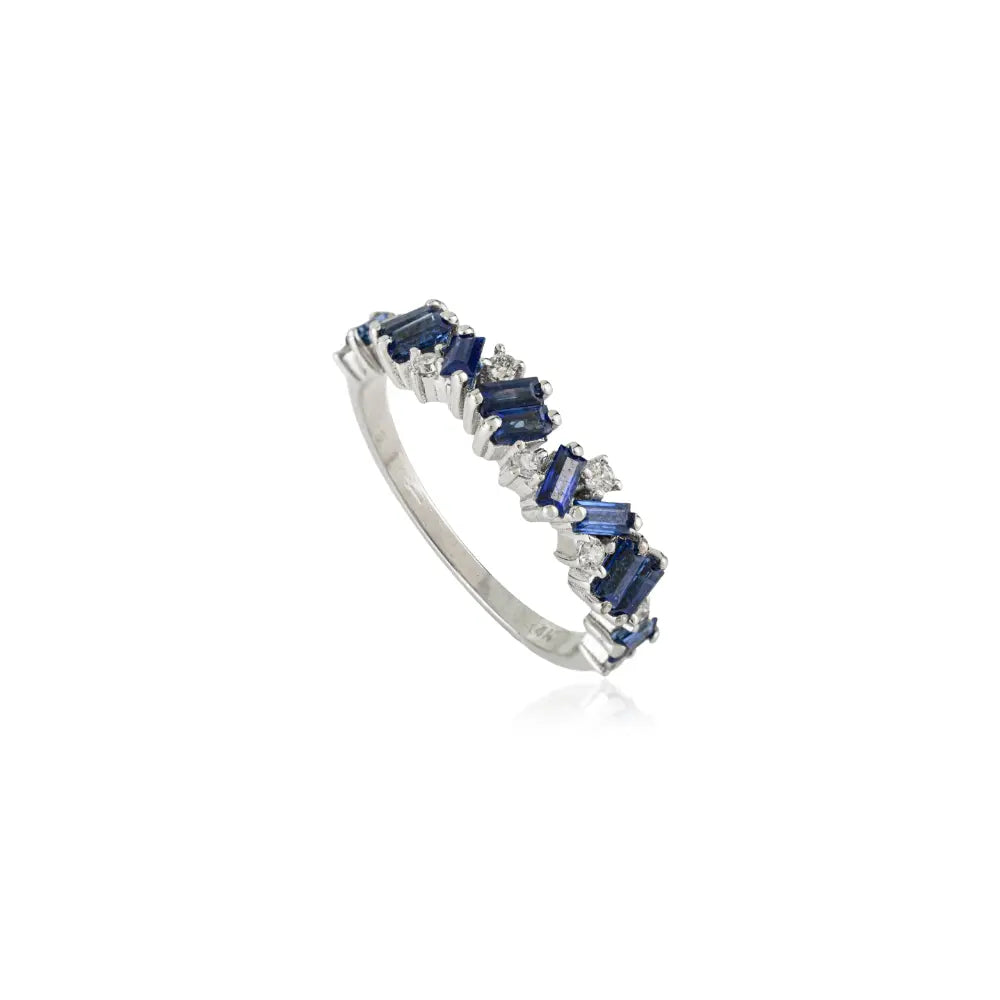 Unique Design Blue Sapphire & Diamond Zig Zag Half Band Ring Stacking 14K Solid Gold Jewelry
