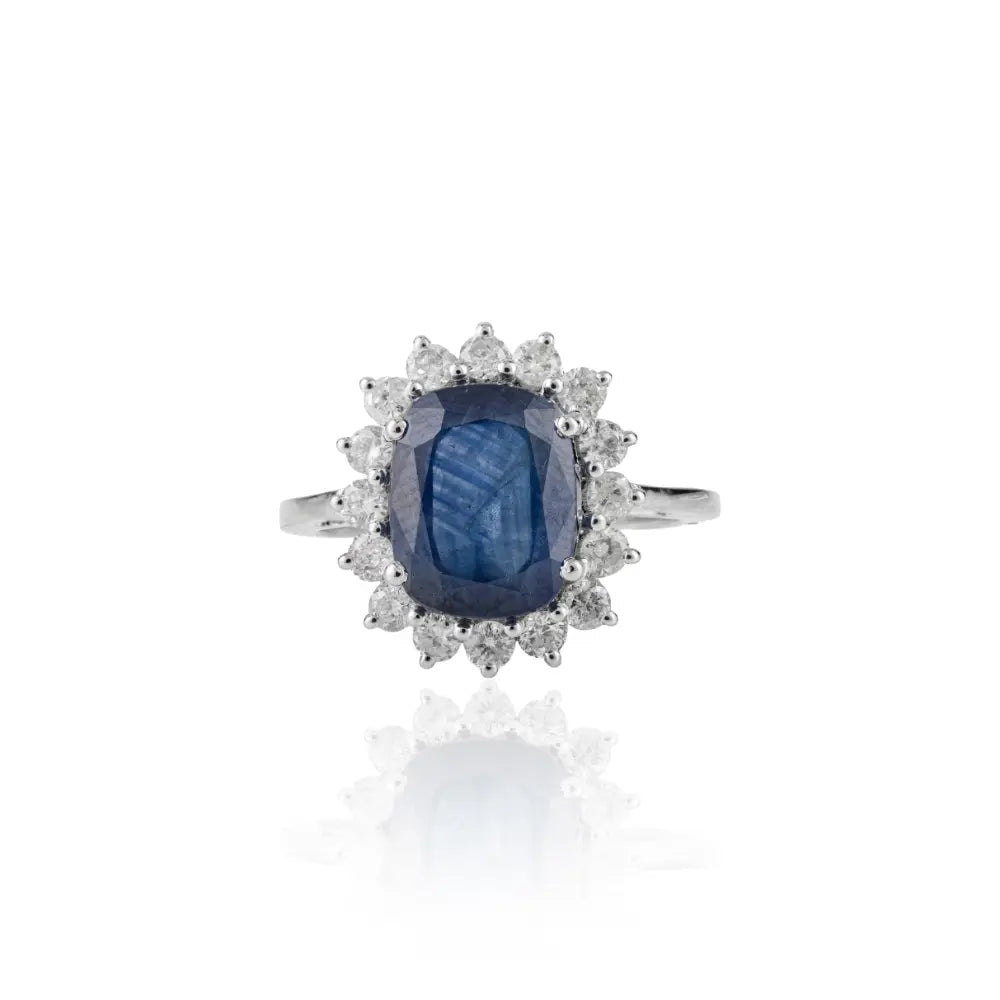 Top Quality 14K Real White Gold Blue Sapphire & Diamond Cluster Engagement Ring Women